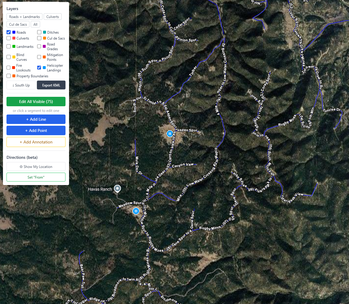 GROOM road management — satellite map with helicopter landing zone locations for emergency access planning